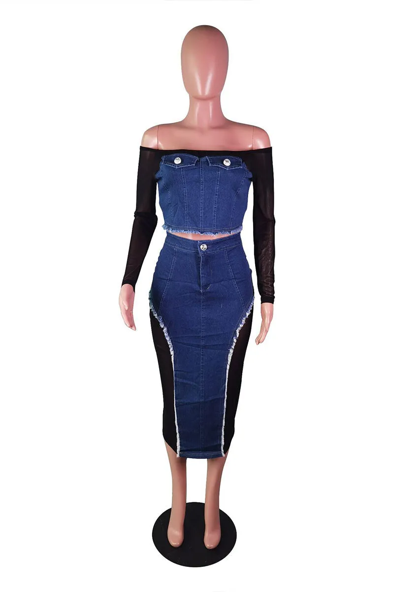 UG0446 Denim Mesh Shirt and Skirt Set