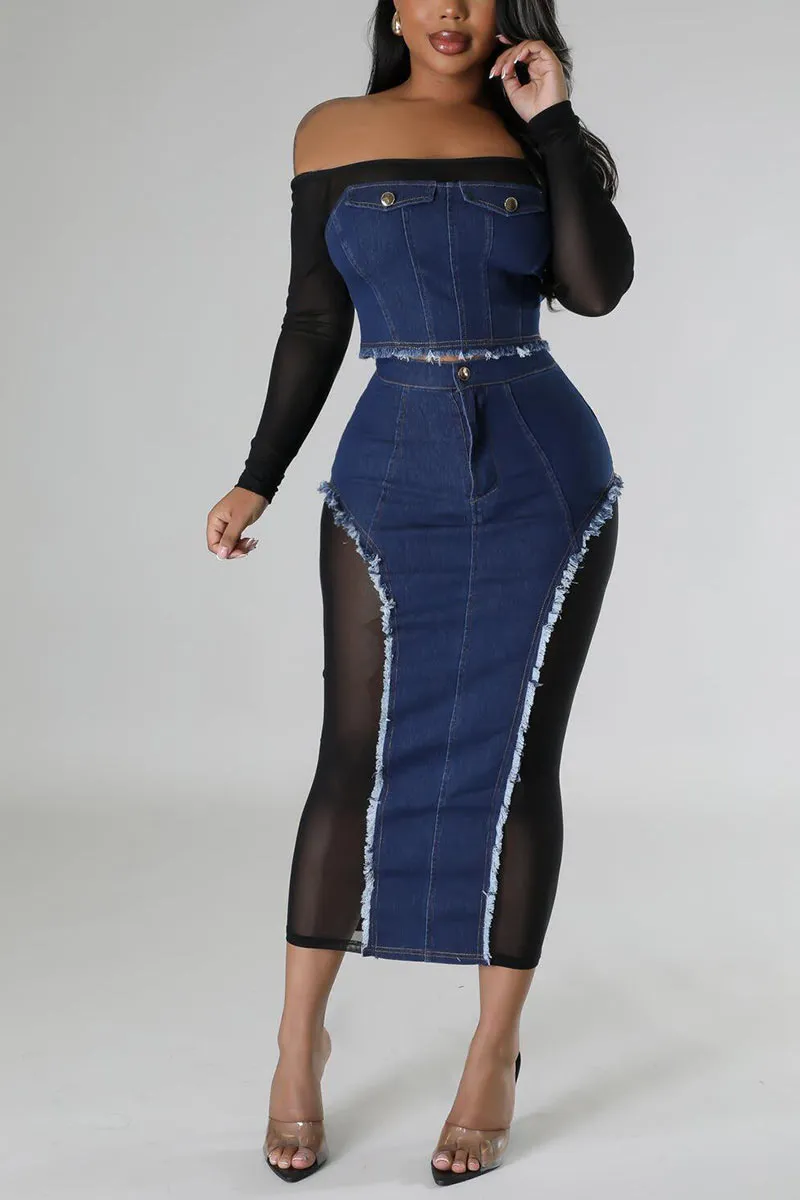 UG0446 Denim Mesh Shirt and Skirt Set