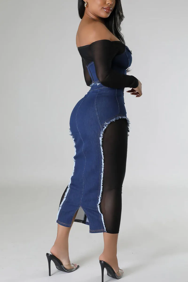 UG0446 Denim Mesh Shirt and Skirt Set