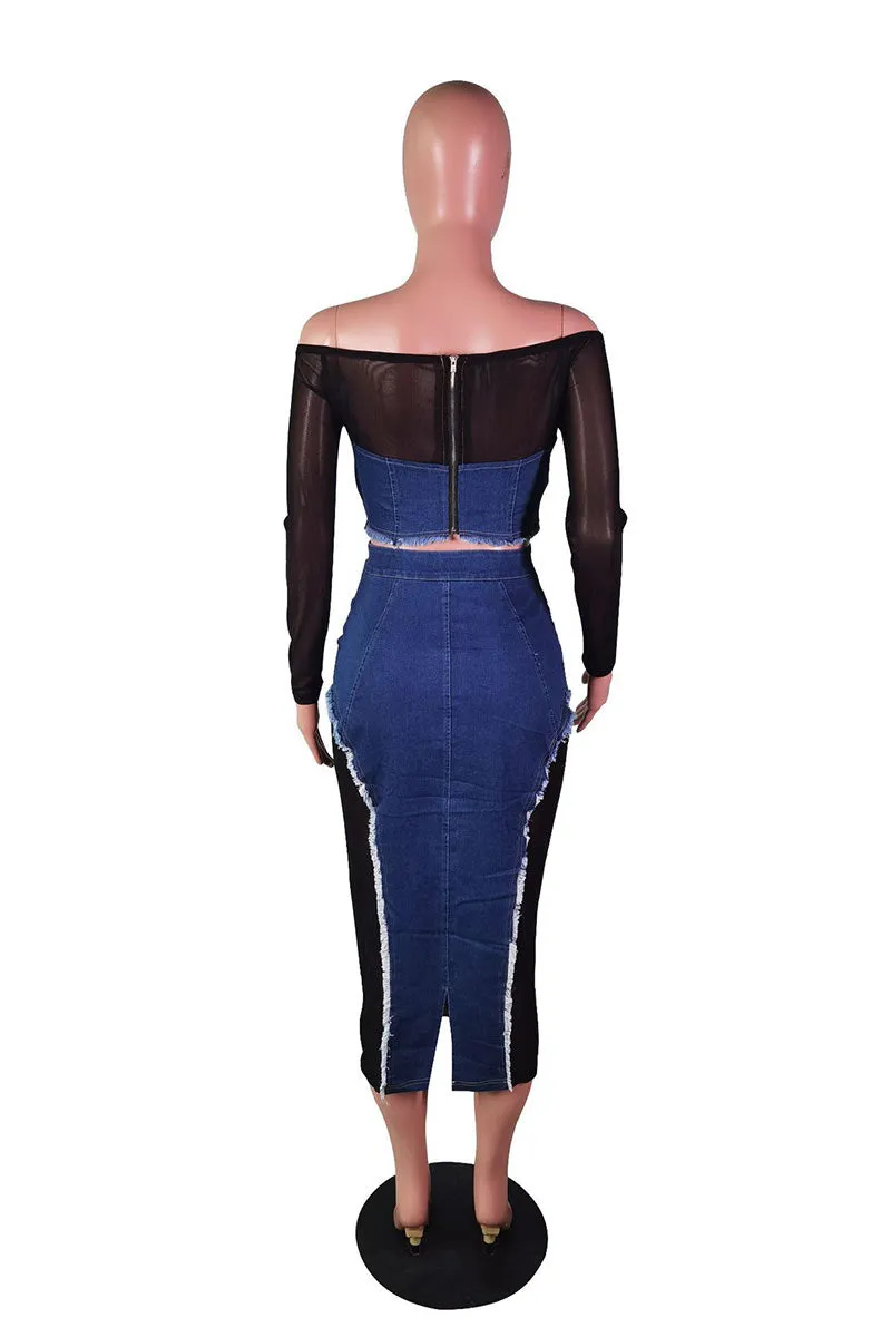 UG0446 Denim Mesh Shirt and Skirt Set