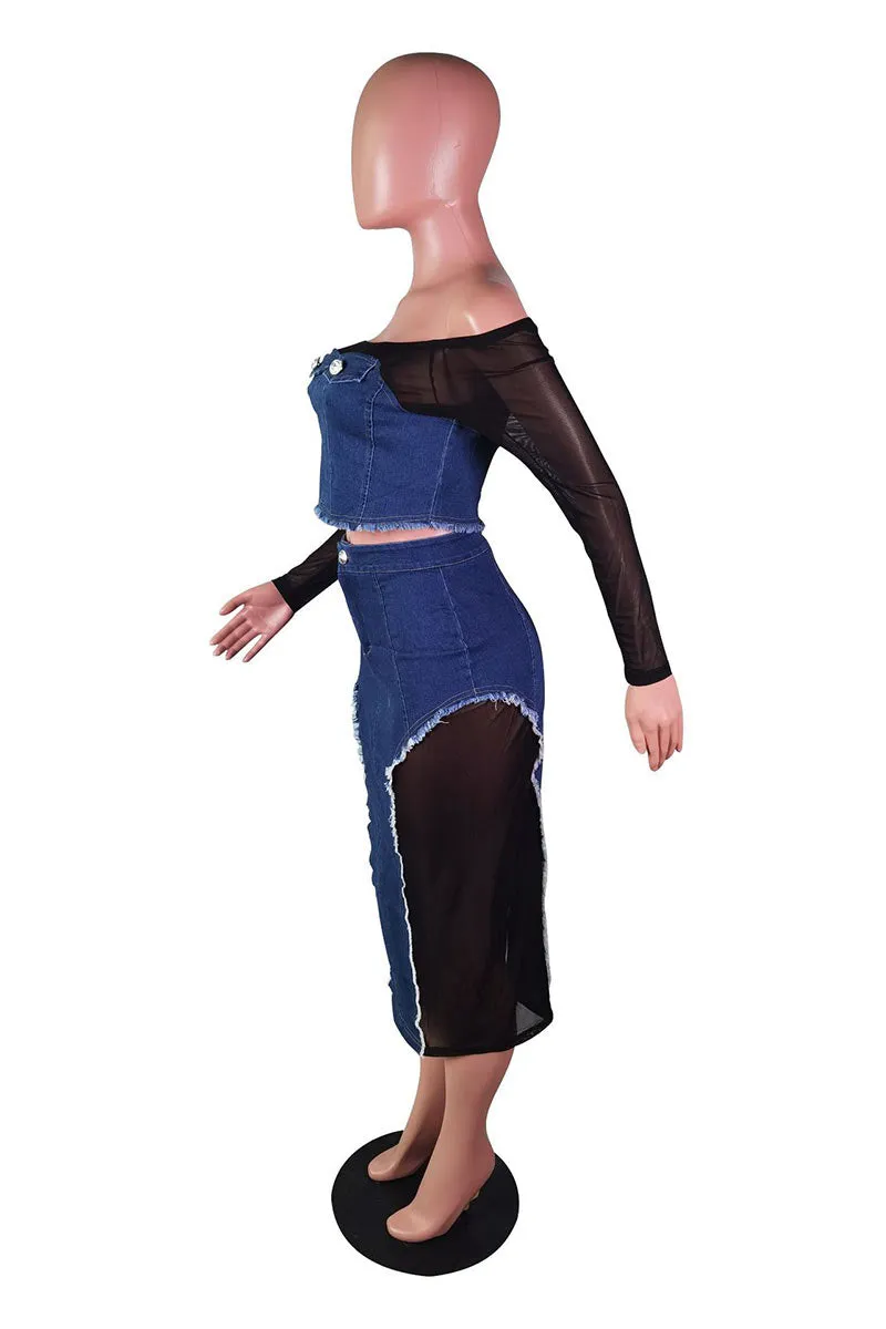 UG0446 Denim Mesh Shirt and Skirt Set