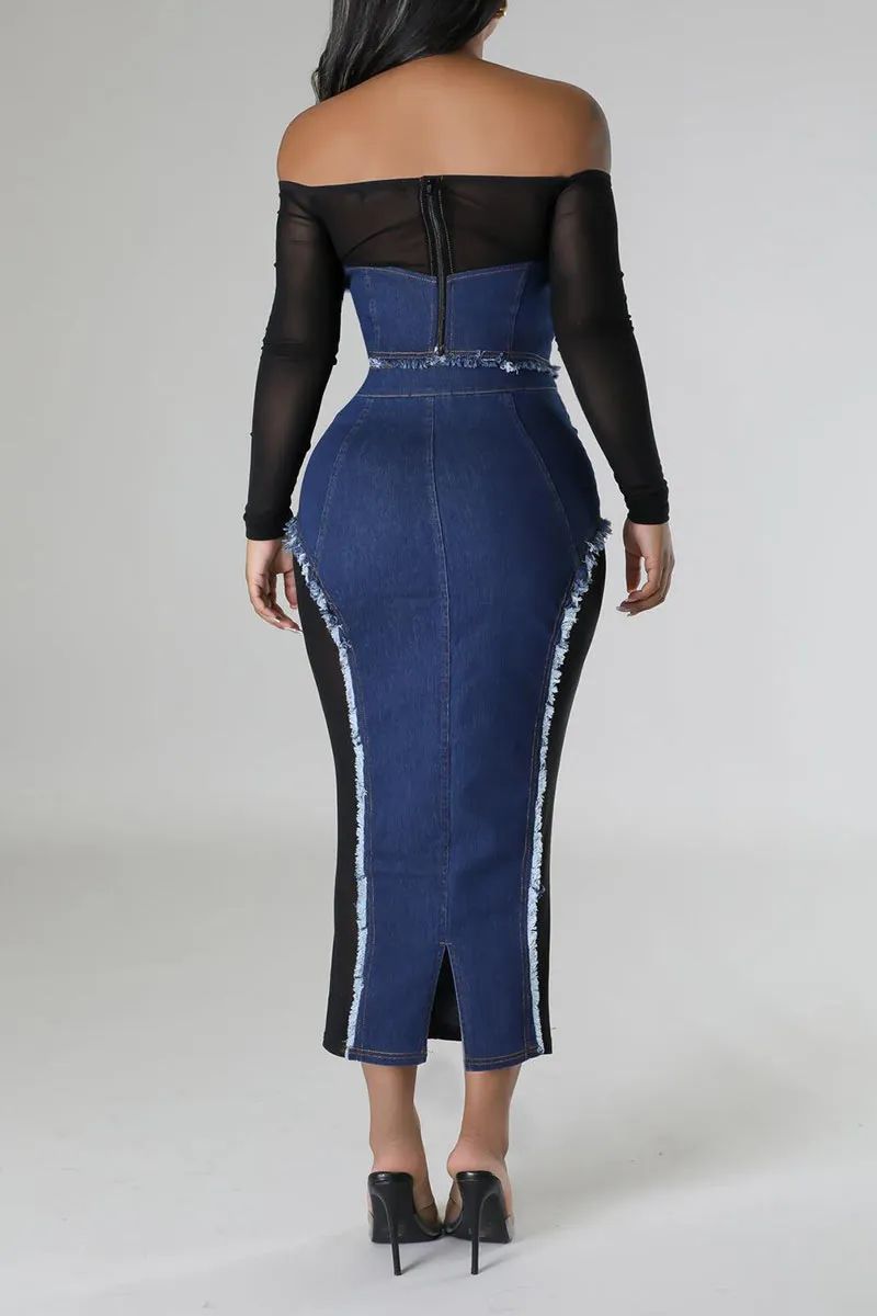 UG0446 Denim Mesh Shirt and Skirt Set