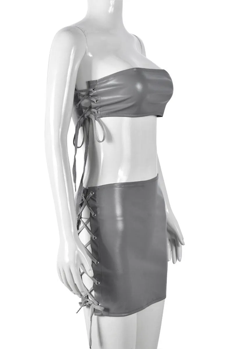 UI0270 Vegan Leather Mini Skirt Set