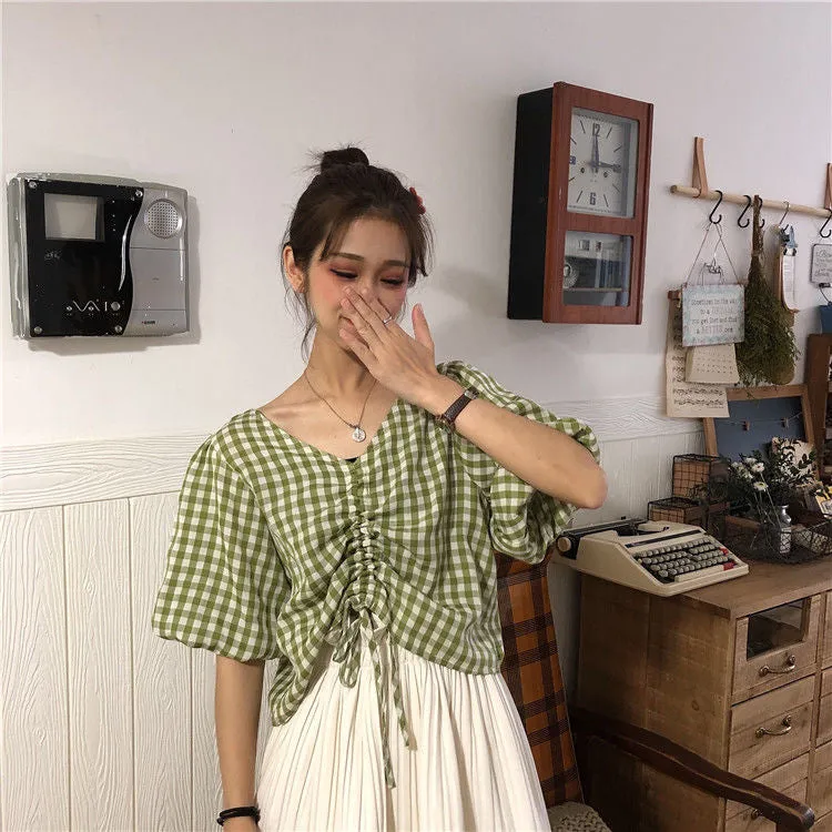 V-Neck Cute Plaid Lace Tie Short Sleeve Shirts
