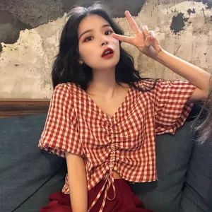 V-Neck Cute Plaid Lace Tie Short Sleeve Shirts