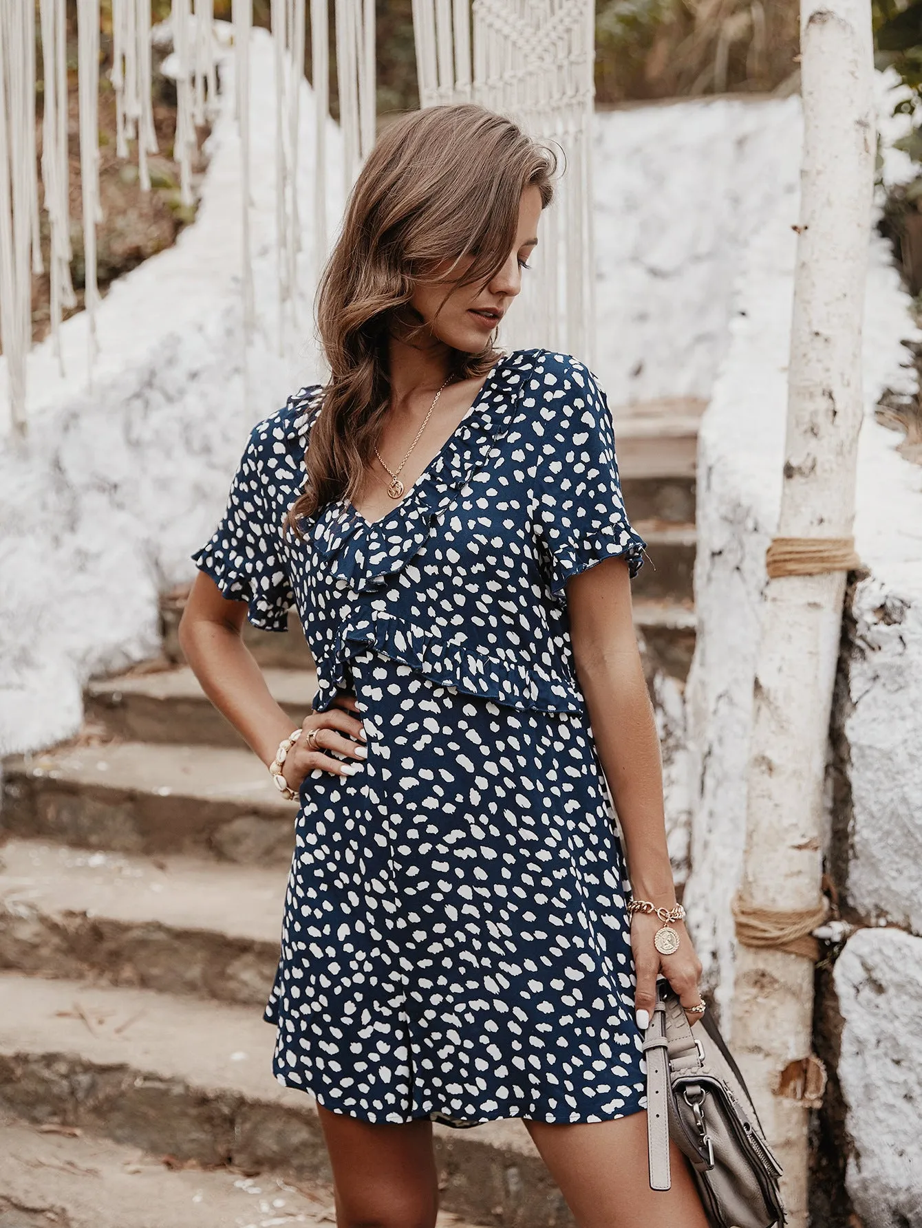 V-neck Printed Floral Jumpsuit Lotus Sleeve Rompers