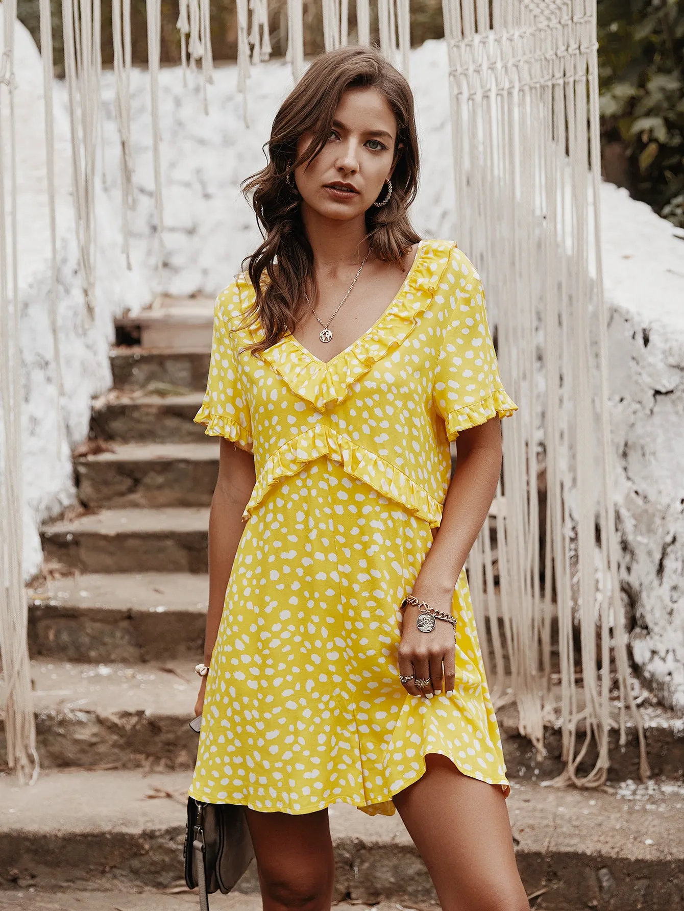 V-neck Printed Floral Jumpsuit Lotus Sleeve Rompers