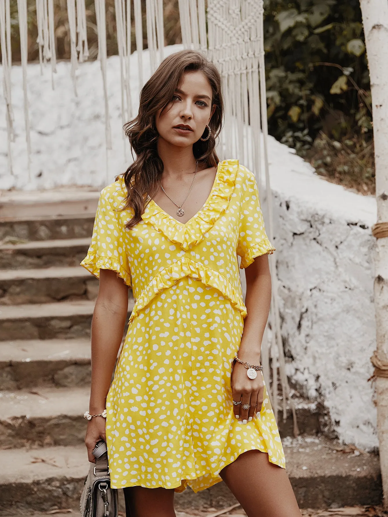 V-neck Printed Floral Jumpsuit Lotus Sleeve Rompers