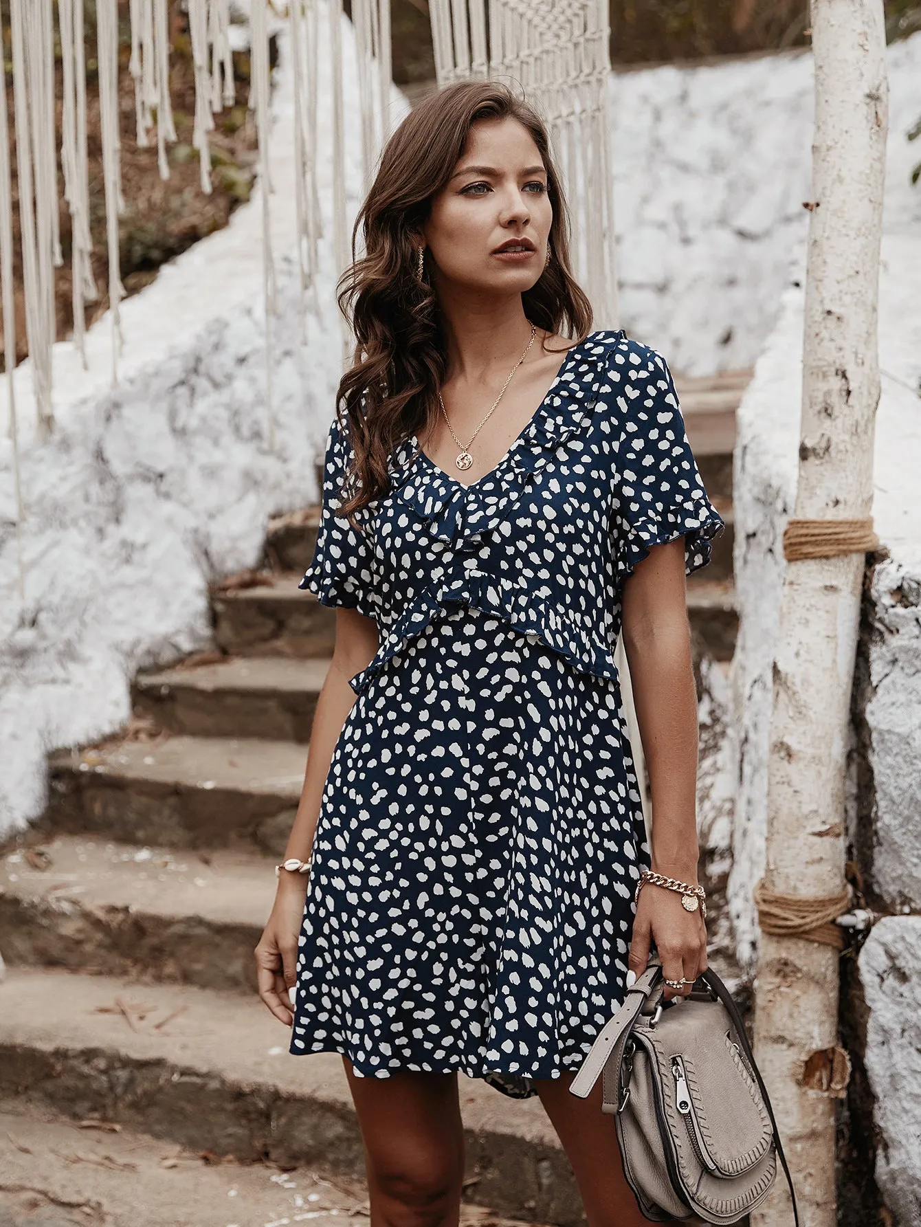 V-neck Printed Floral Jumpsuit Lotus Sleeve Rompers