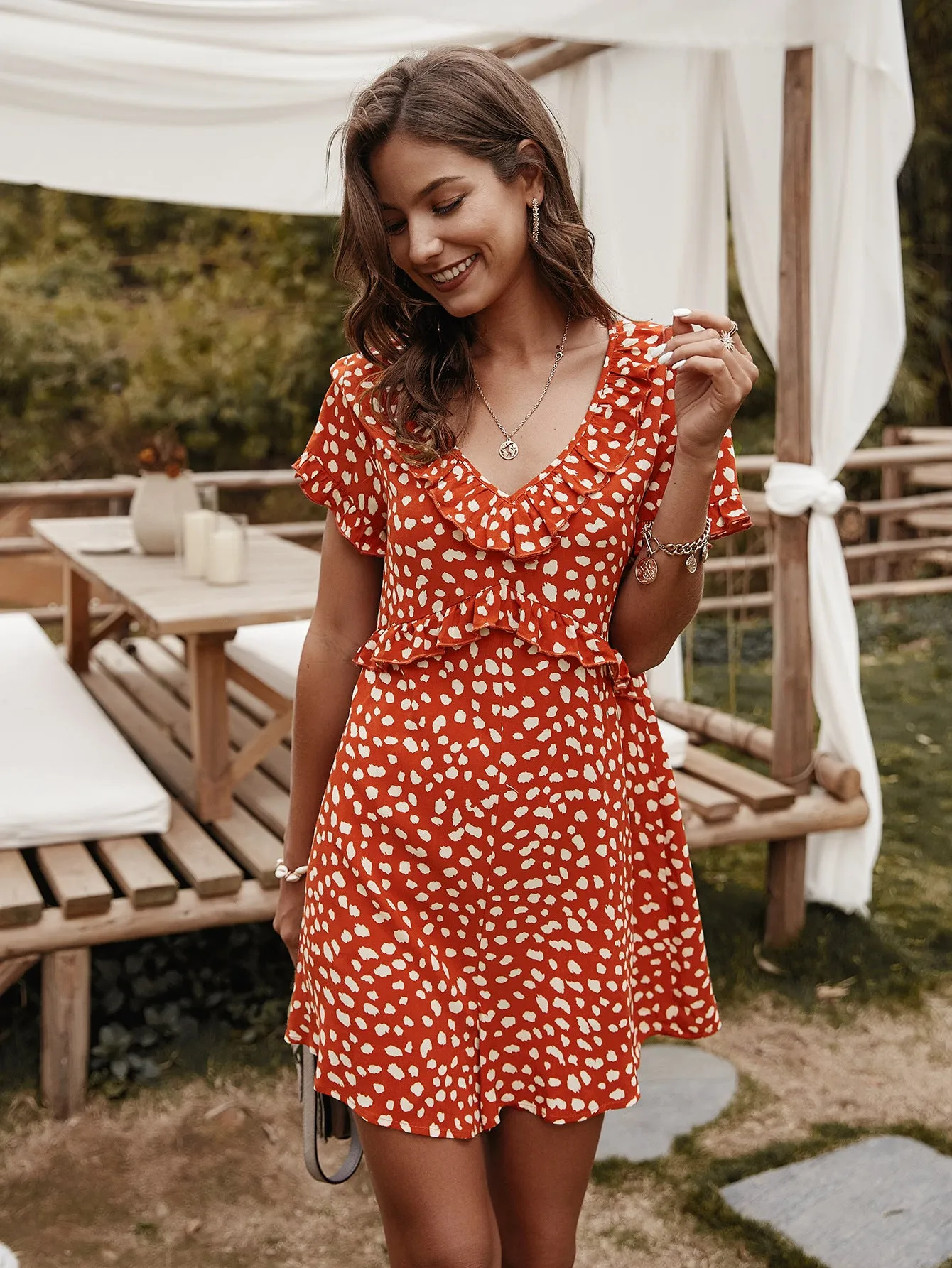 V-neck Printed Floral Jumpsuit Lotus Sleeve Rompers