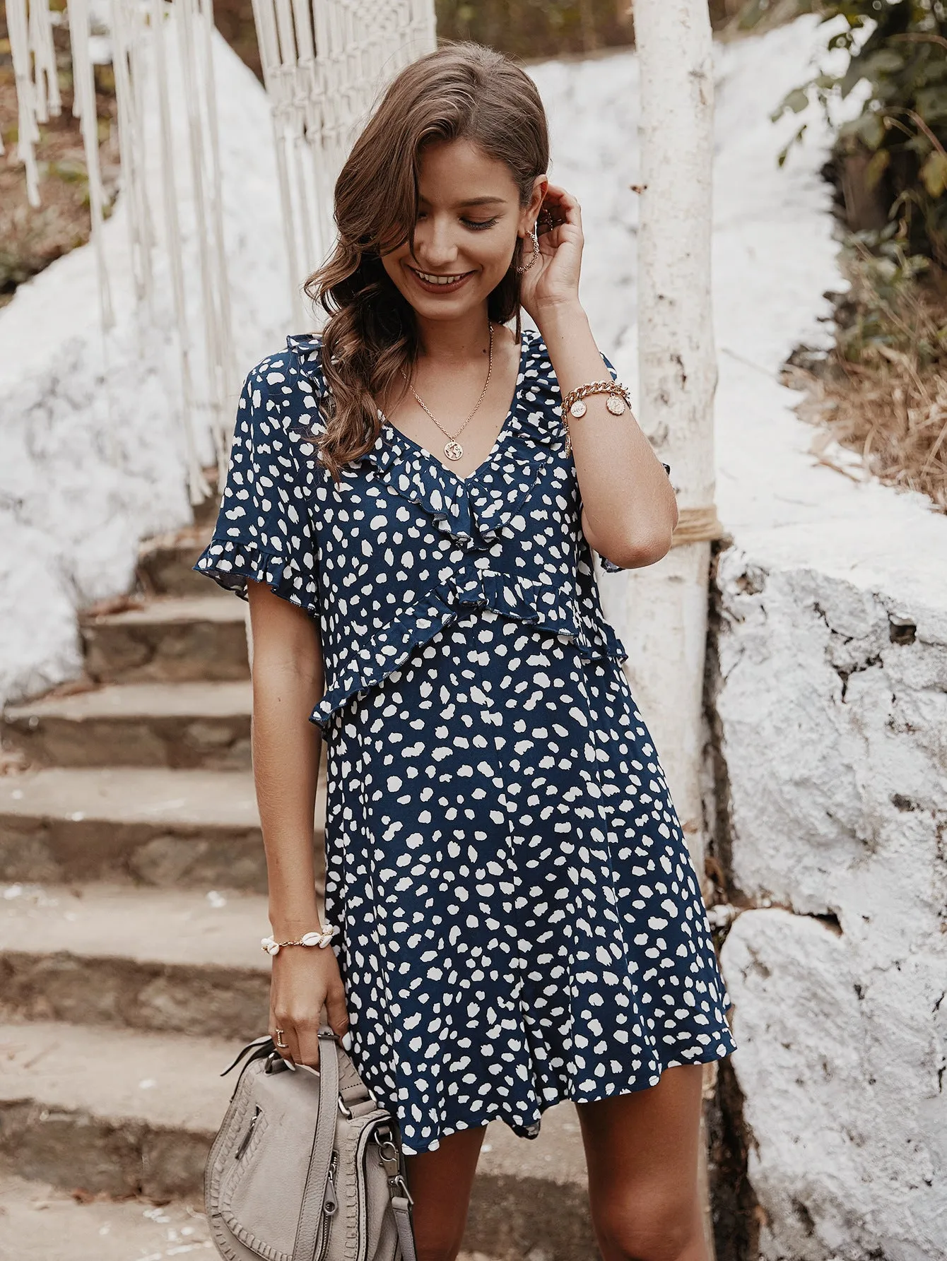 V-neck Printed Floral Jumpsuit Lotus Sleeve Rompers