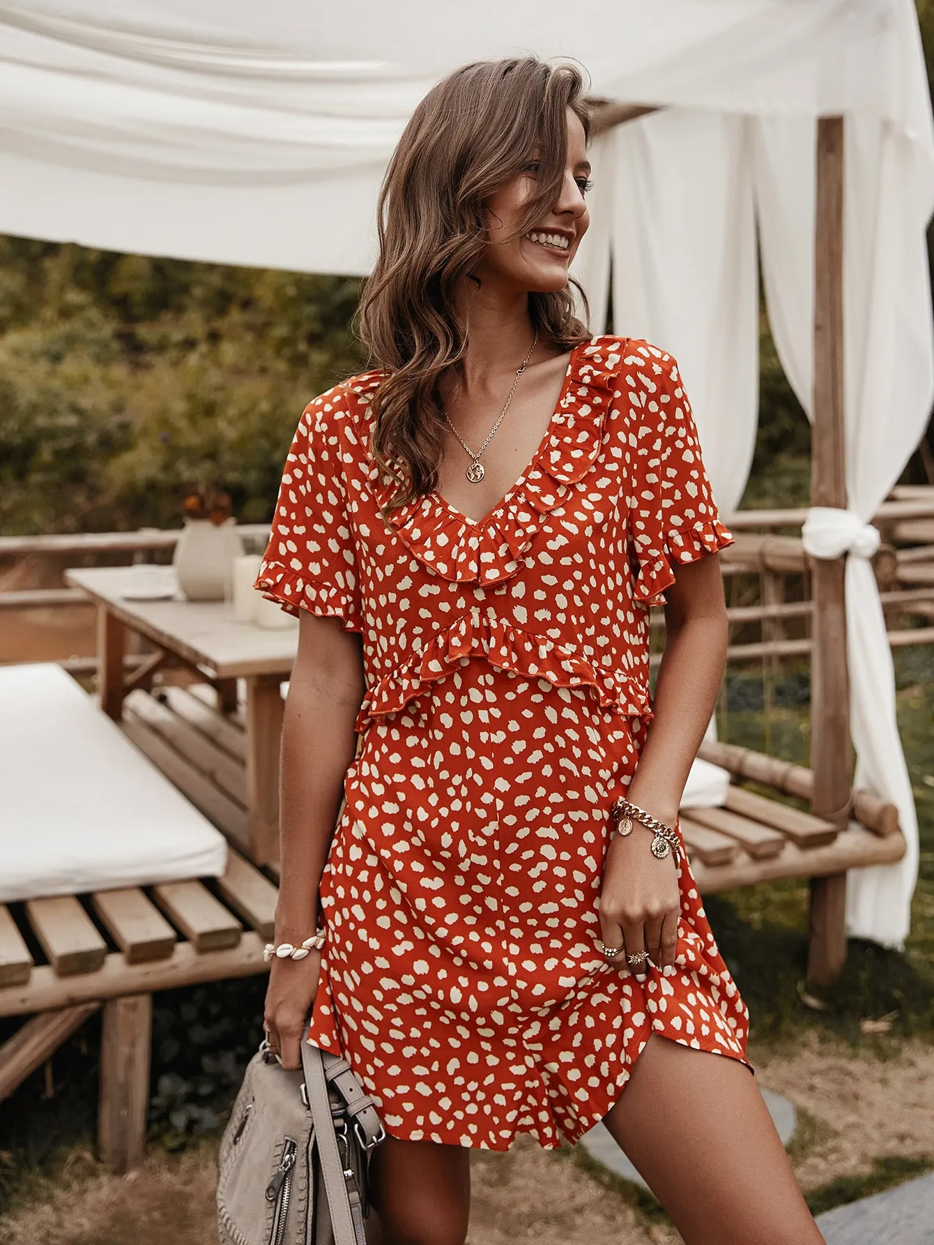 V-neck Printed Floral Jumpsuit Lotus Sleeve Rompers