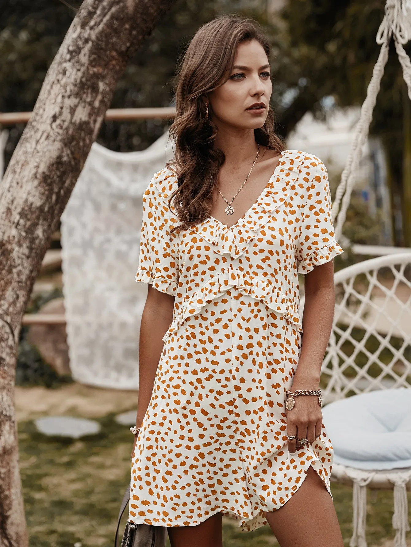 V-neck Printed Floral Jumpsuit Lotus Sleeve Rompers