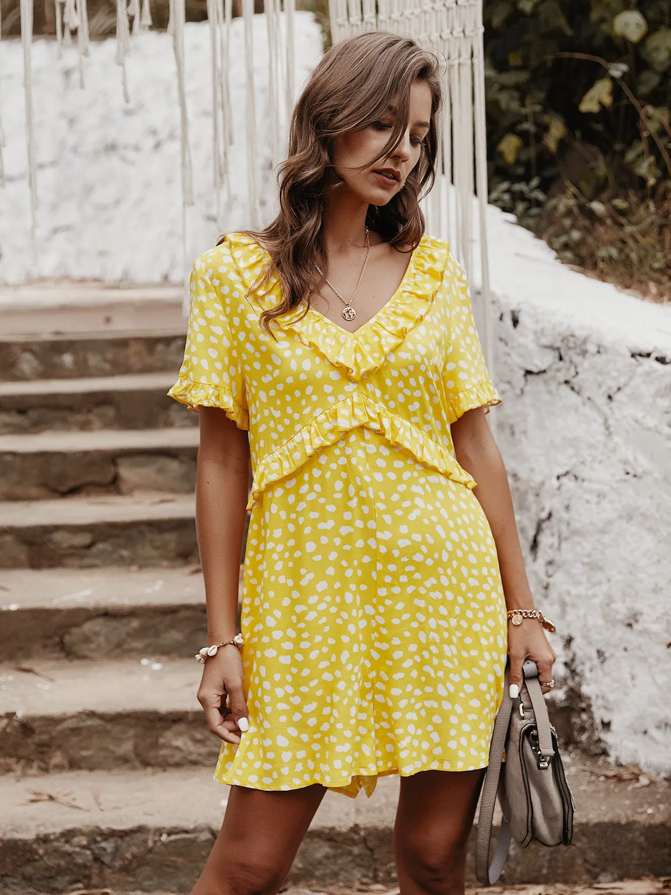 V-neck Printed Floral Jumpsuit Lotus Sleeve Rompers