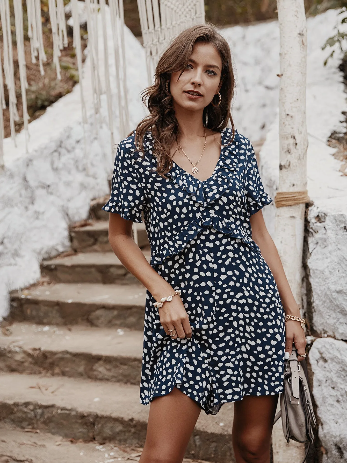V-neck Printed Floral Jumpsuit Lotus Sleeve Rompers
