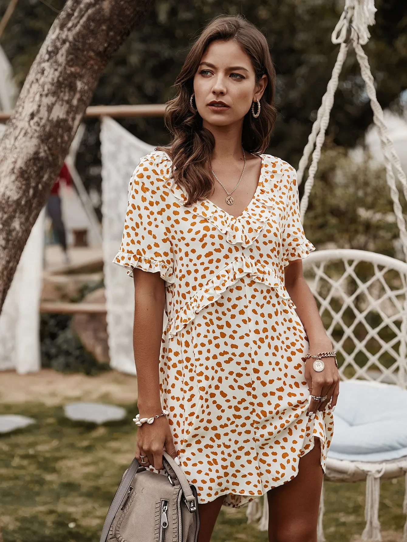 V-neck Printed Floral Jumpsuit Lotus Sleeve Rompers