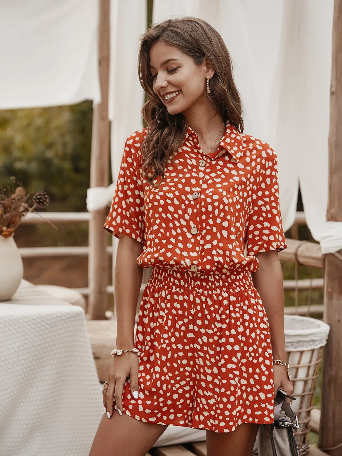 V-neck Single-breasted Printed Jumpsuit Short Sleeve Rompers