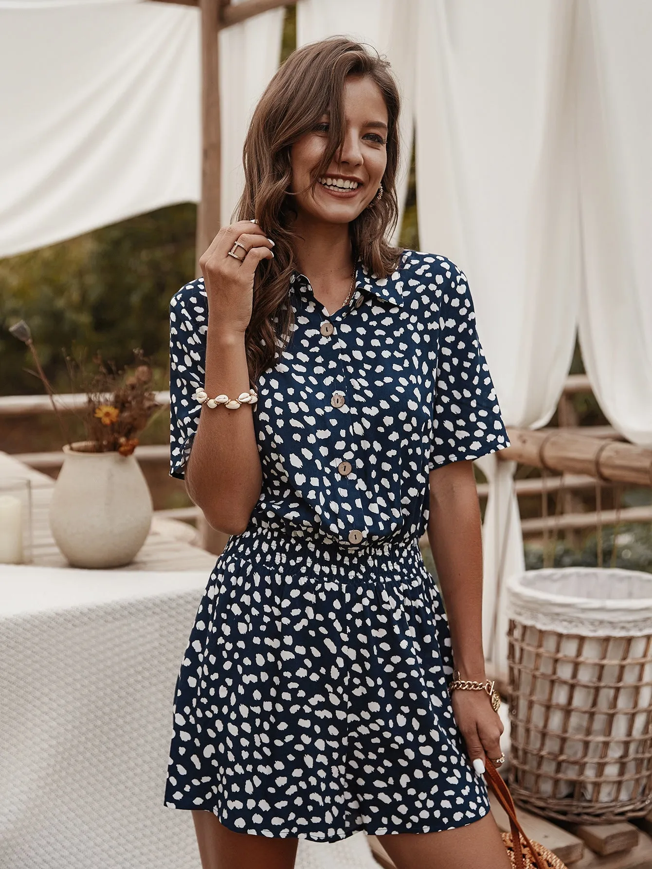 V-neck Single-breasted Printed Jumpsuit Short Sleeve Rompers