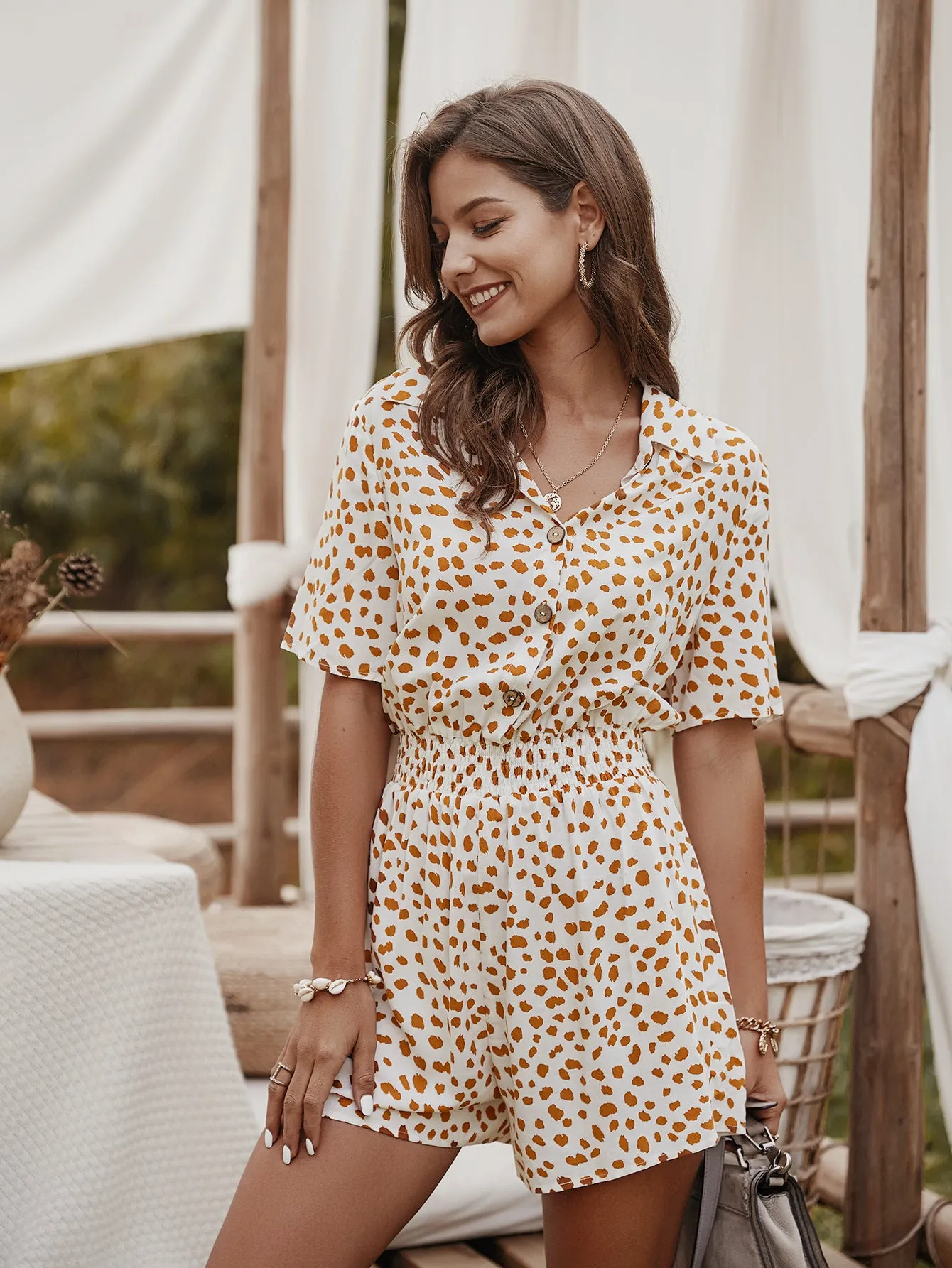 V-neck Single-breasted Printed Jumpsuit Short Sleeve Rompers