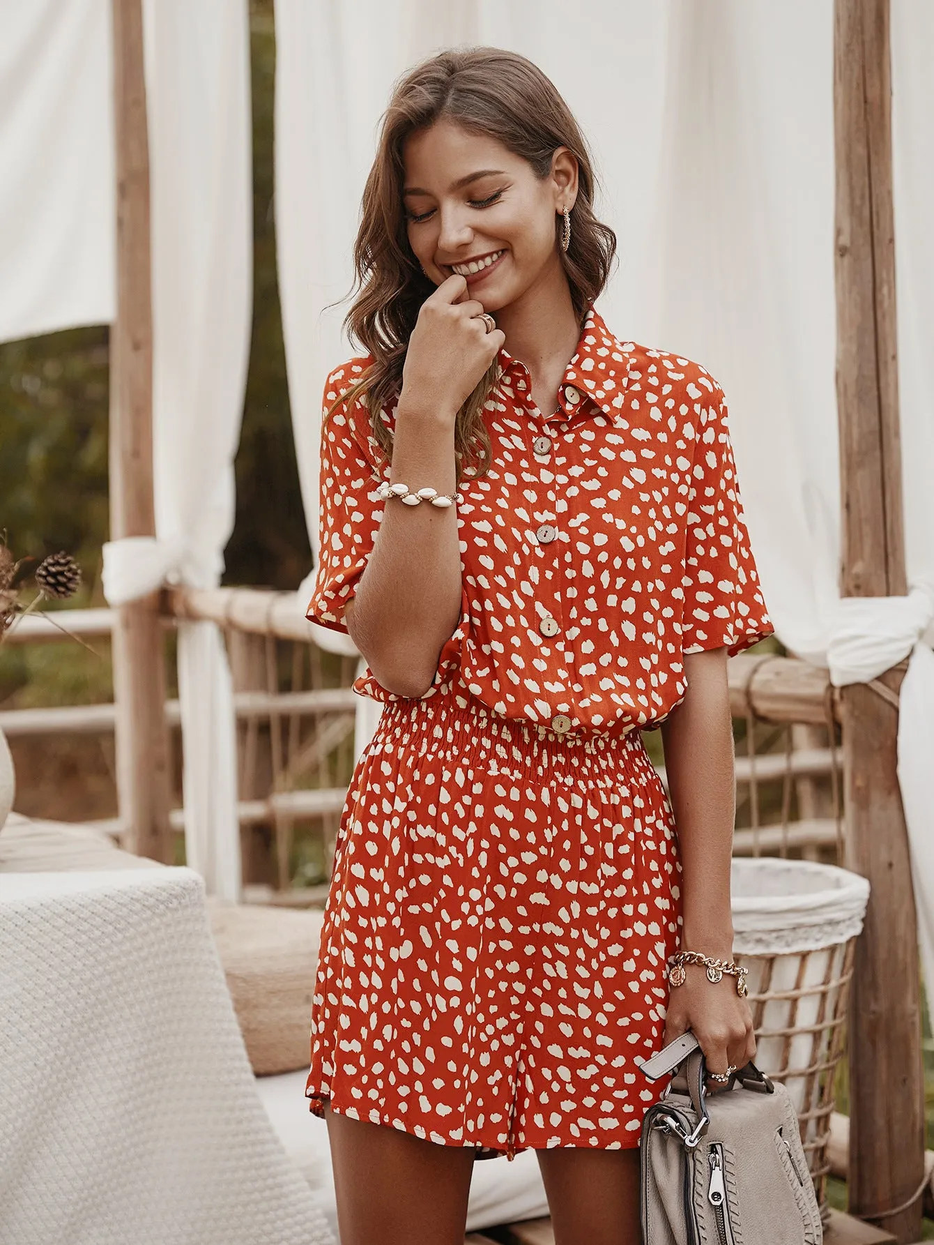 V-neck Single-breasted Printed Jumpsuit Short Sleeve Rompers