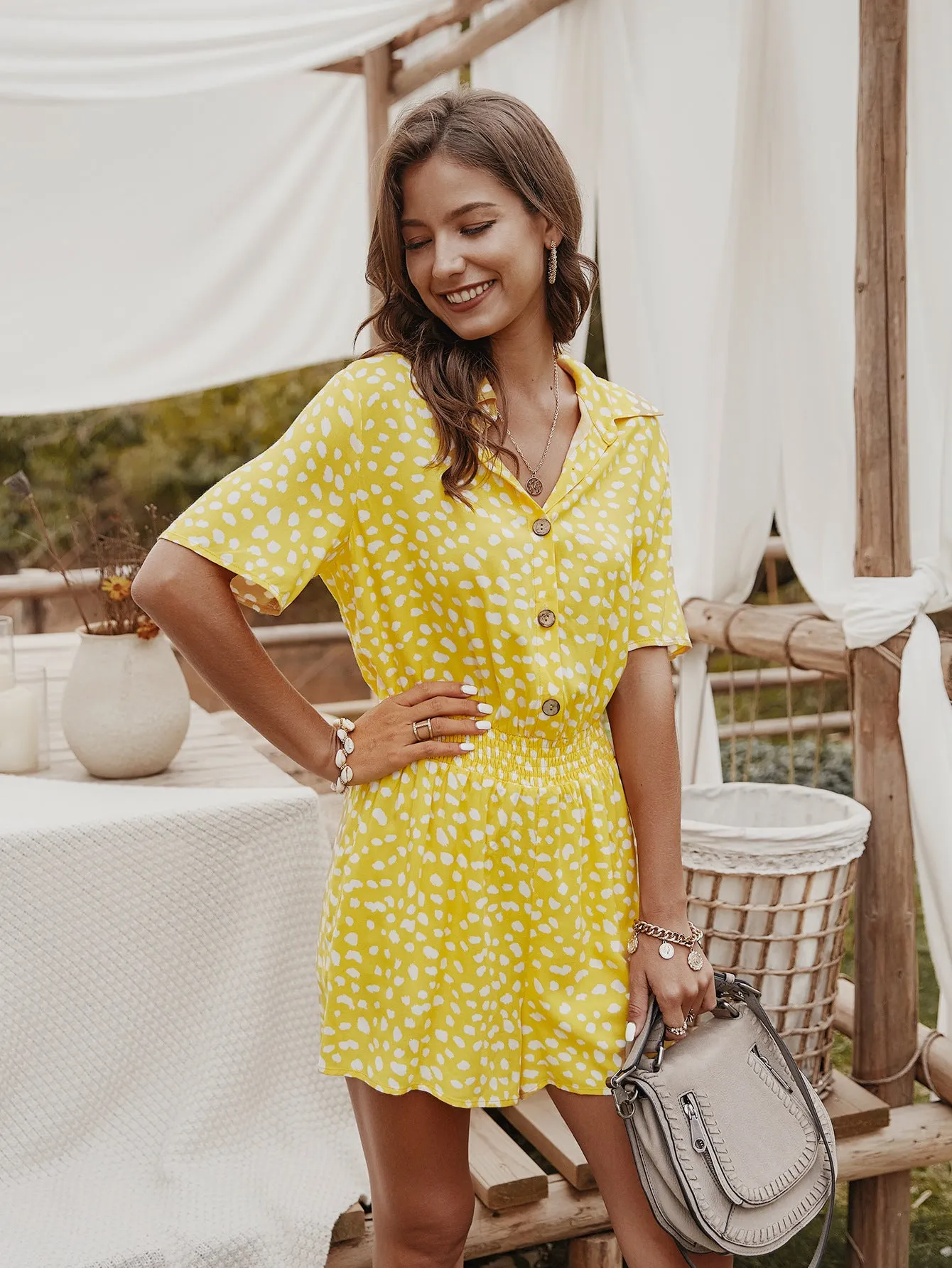 V-neck Single-breasted Printed Jumpsuit Short Sleeve Rompers