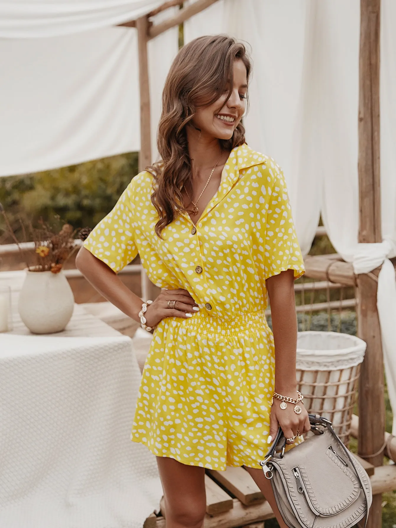 V-neck Single-breasted Printed Jumpsuit Short Sleeve Rompers