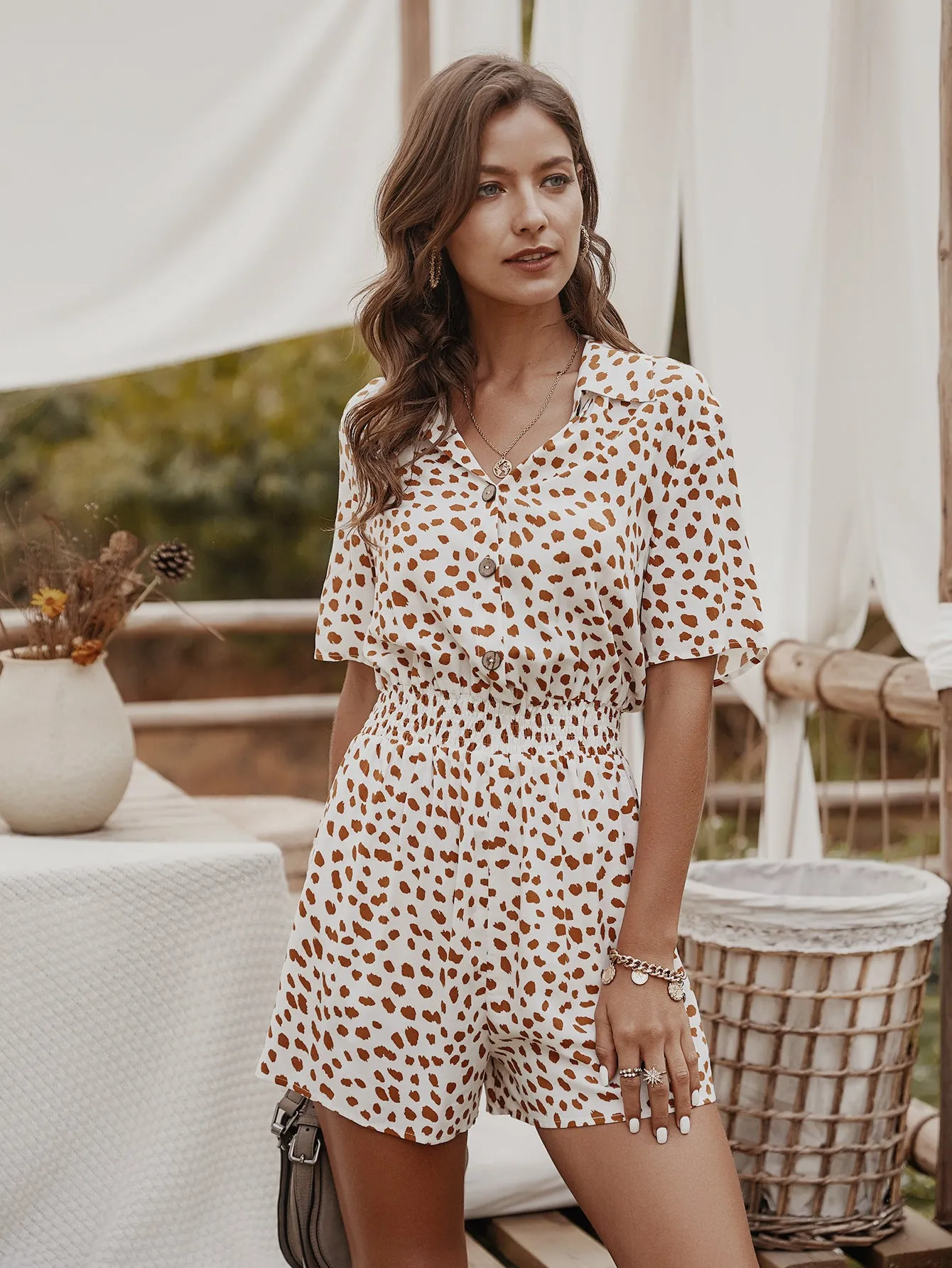 V-neck Single-breasted Printed Jumpsuit Short Sleeve Rompers
