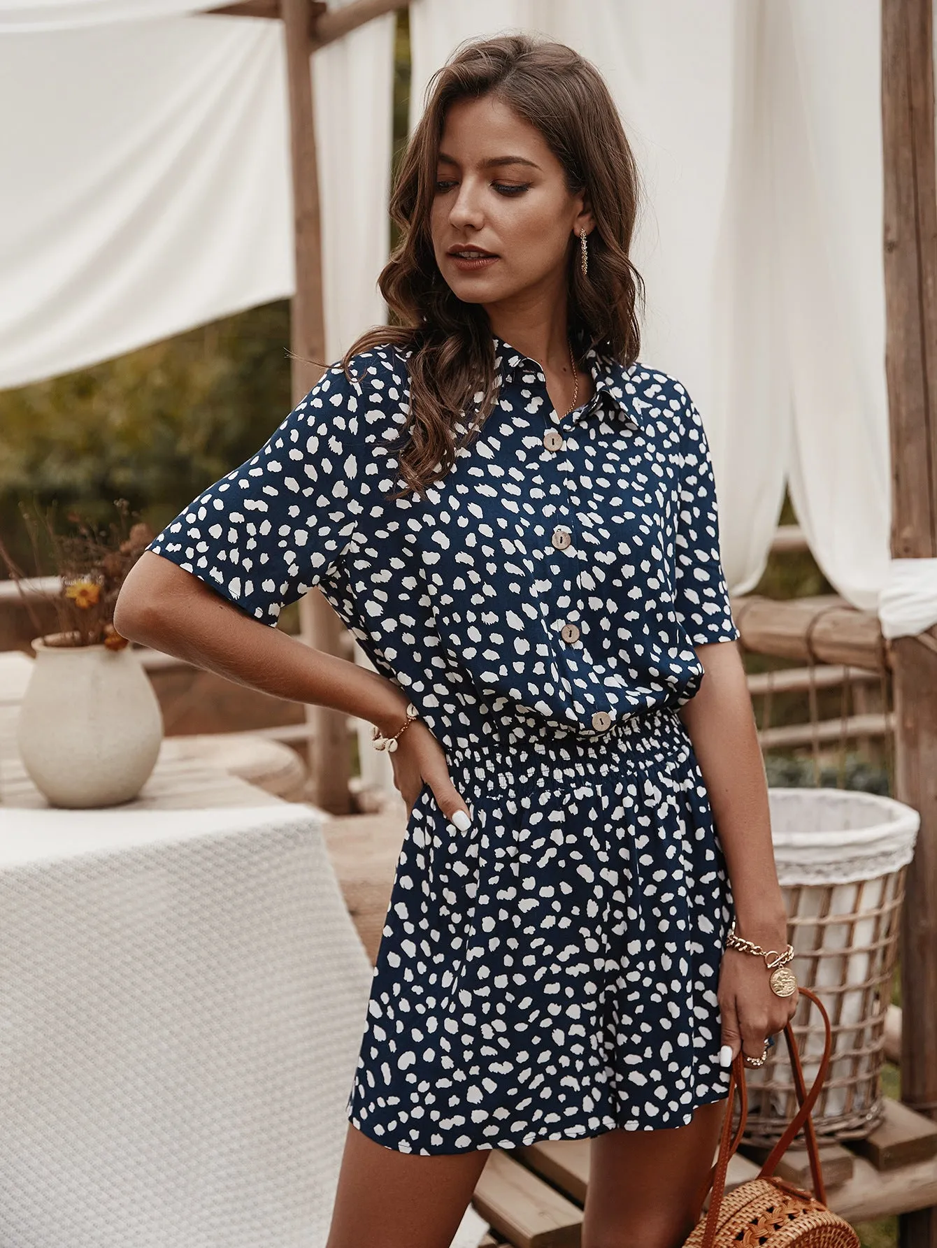 V-neck Single-breasted Printed Jumpsuit Short Sleeve Rompers
