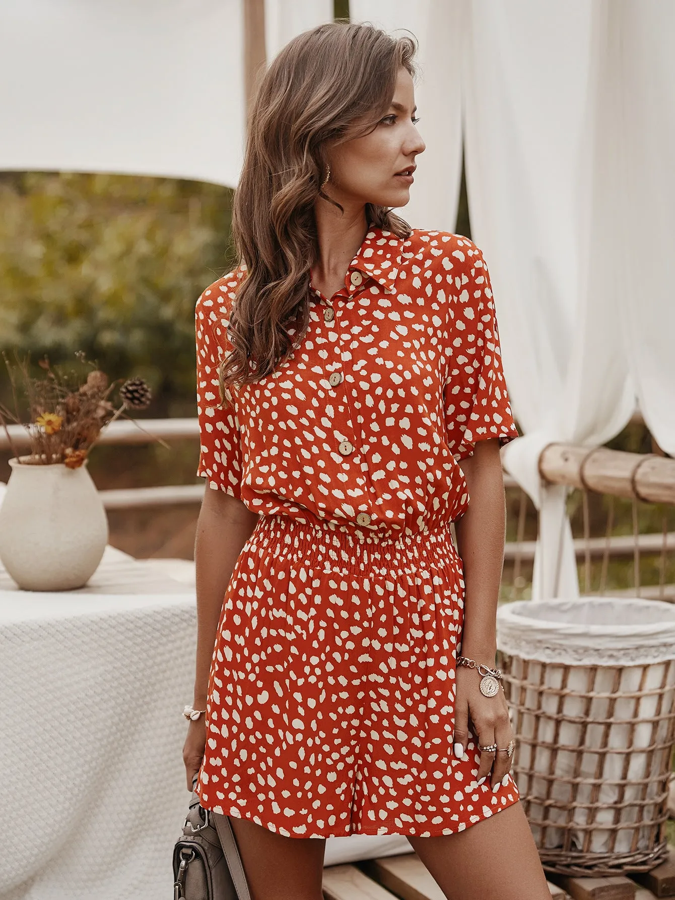 V-neck Single-breasted Printed Jumpsuit Short Sleeve Rompers