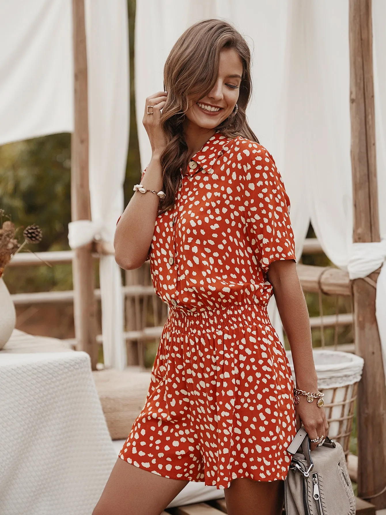 V-neck Single-breasted Printed Jumpsuit Short Sleeve Rompers