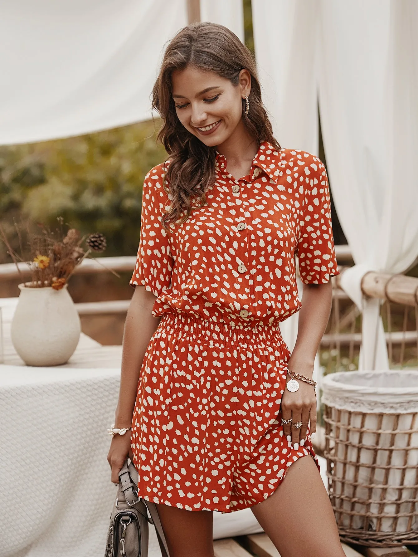 V-neck Single-breasted Printed Jumpsuit Short Sleeve Rompers