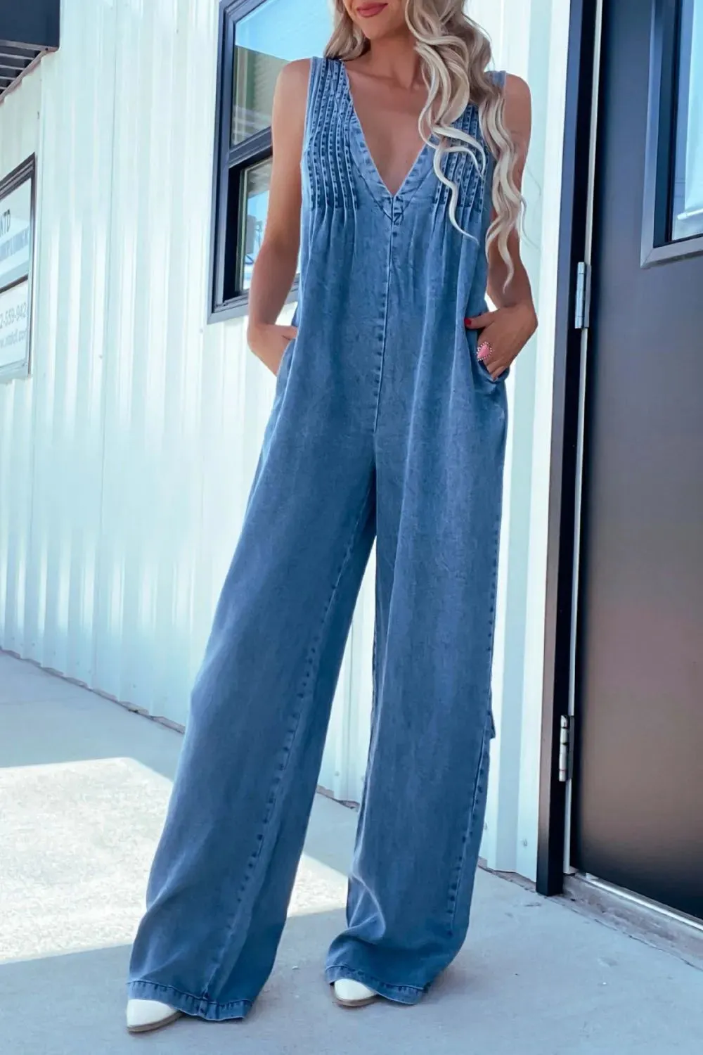 V-Neck Sleeveless Denim Jumpsuit