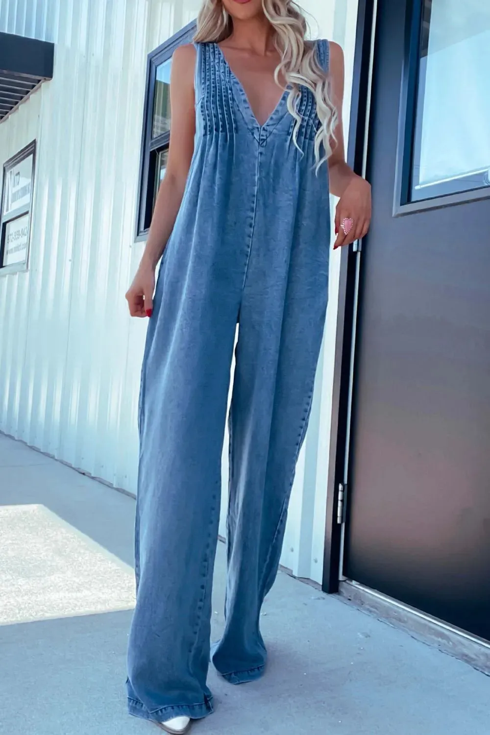 V-Neck Sleeveless Denim Jumpsuit