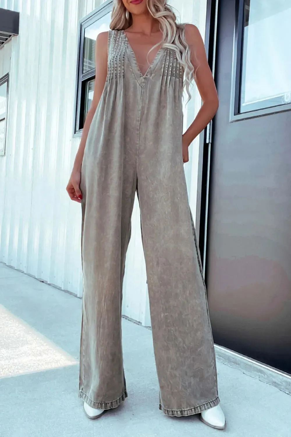V-Neck Sleeveless Denim Jumpsuit