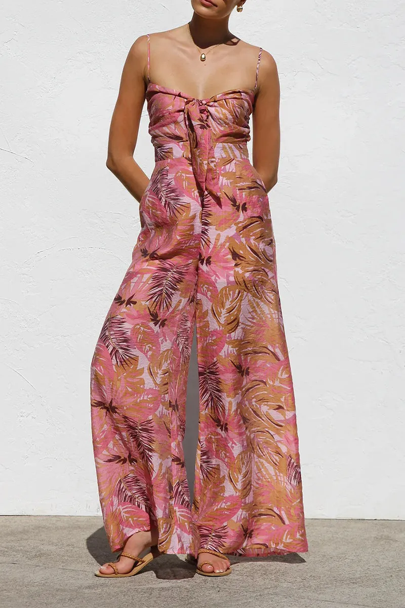 Vacation Floral Print Pocket Contrast V Neck Loose Jumpsuits