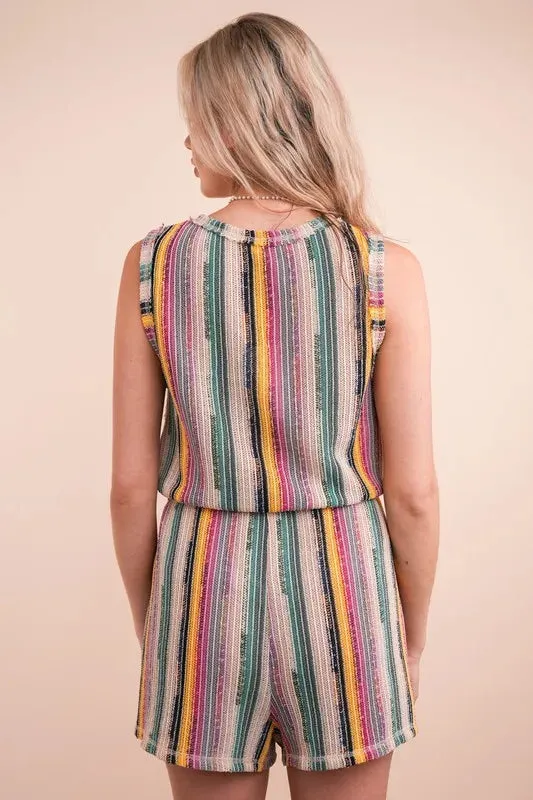 VERY J Crochet Multi Color Striped Casual Summer Romper