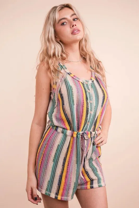 VERY J Crochet Multi Color Striped Casual Summer Romper