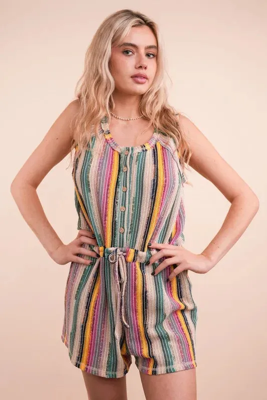 VERY J Crochet Multi Color Striped Casual Summer Romper