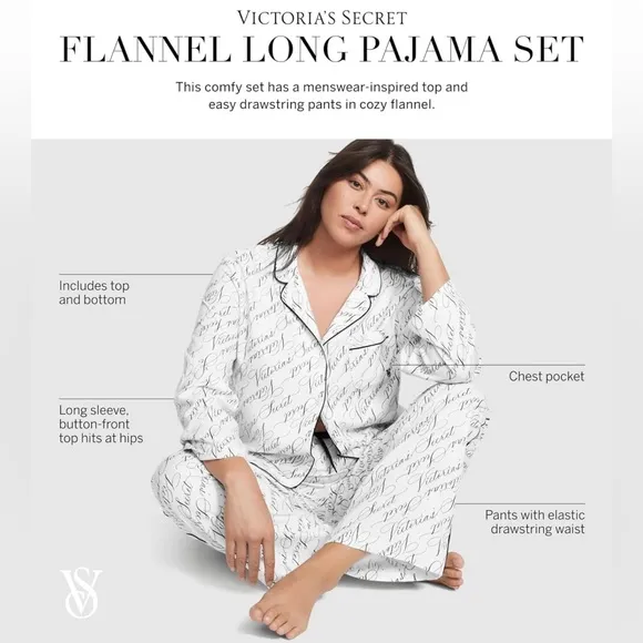 Victoria's Secret Flannel Long Pajama Set, Women's Sleepwear, PJ, Valentine gift