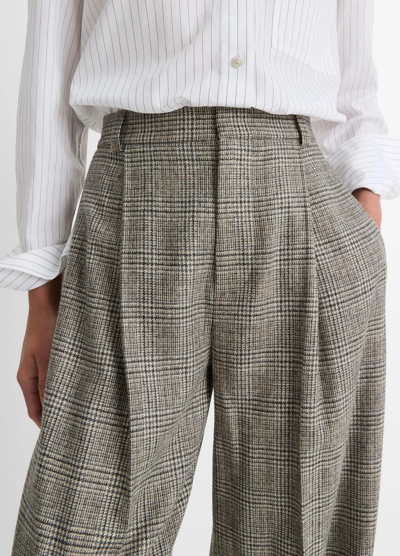 Vince High Rise Wool Blend Plaid Trouser in Heritage Grey