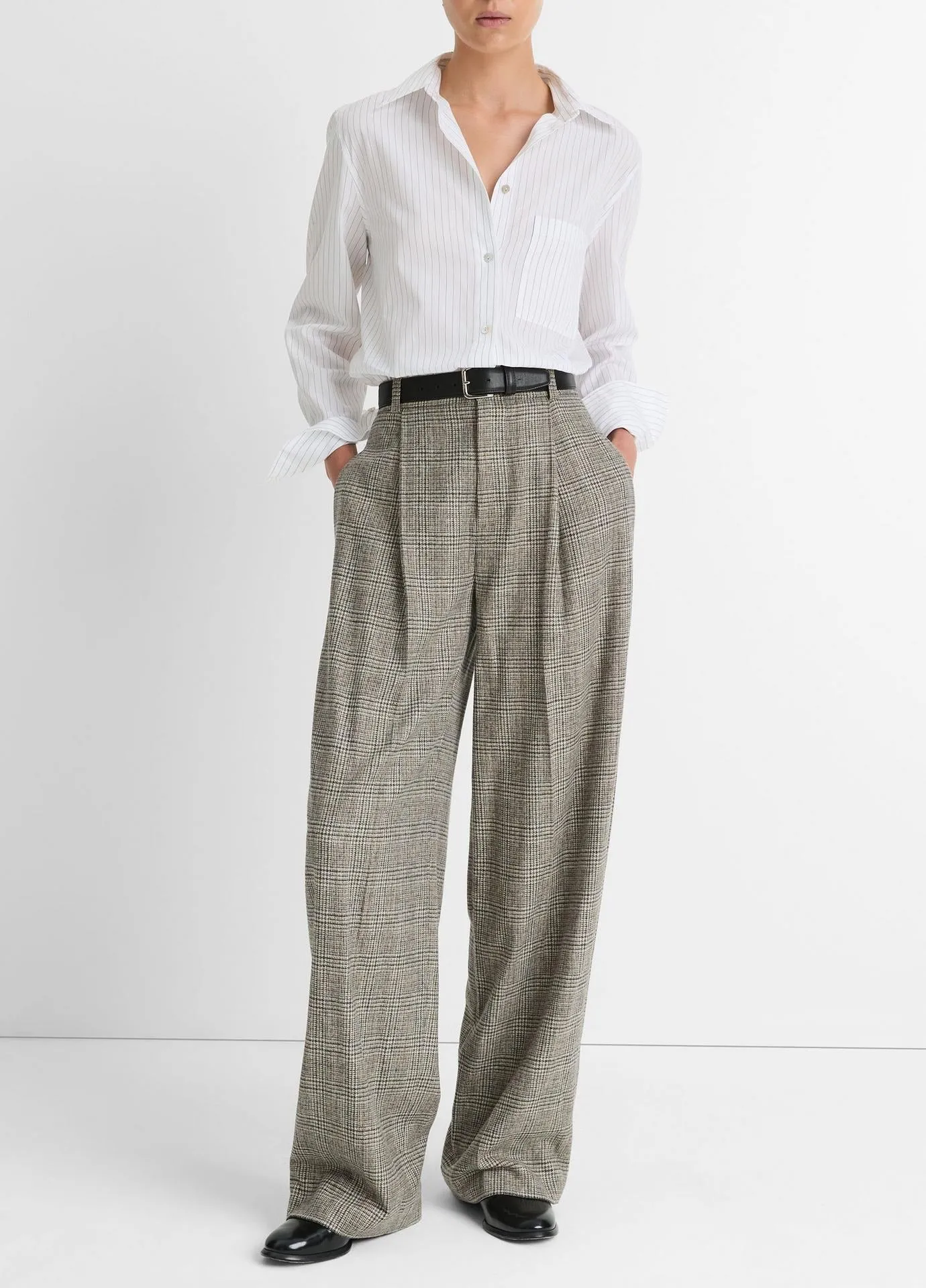 Vince High Rise Wool Blend Plaid Trouser in Heritage Grey