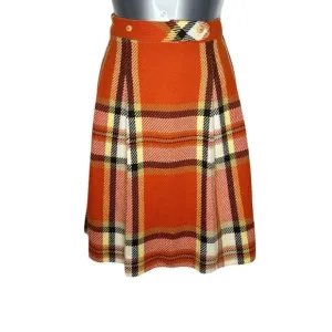 Vintage 1970s Wool Pandora Costume Maker Orange Plaid Pleated Skirt