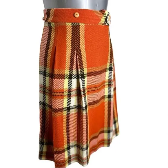 Vintage 1970s Wool Pandora Costume Maker Orange Plaid Pleated Skirt
