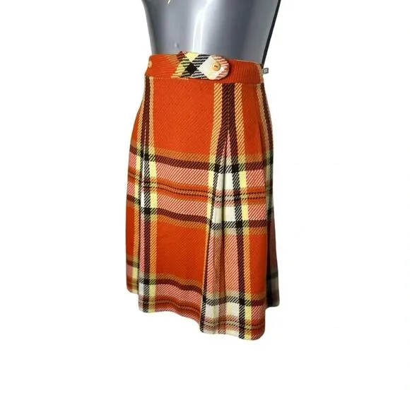 Vintage 1970s Wool Pandora Costume Maker Orange Plaid Pleated Skirt