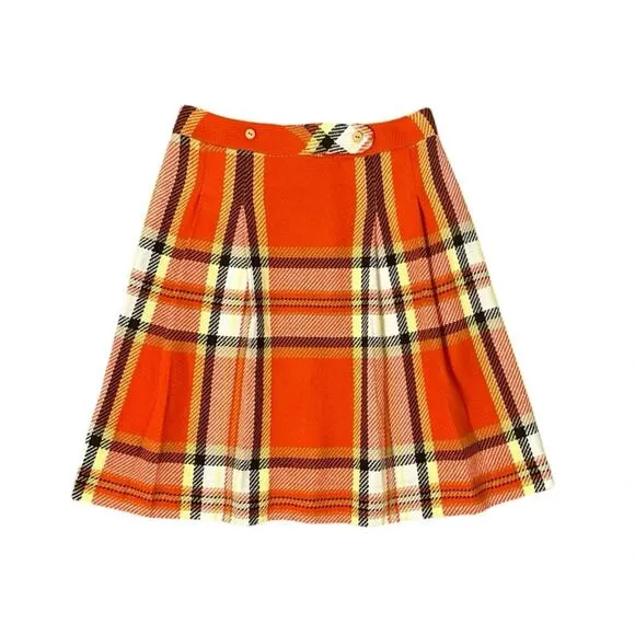 Vintage 1970s Wool Pandora Costume Maker Orange Plaid Pleated Skirt