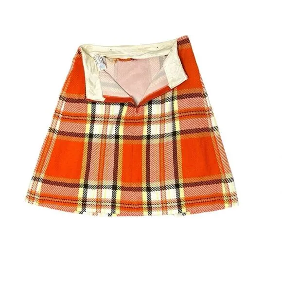 Vintage 1970s Wool Pandora Costume Maker Orange Plaid Pleated Skirt