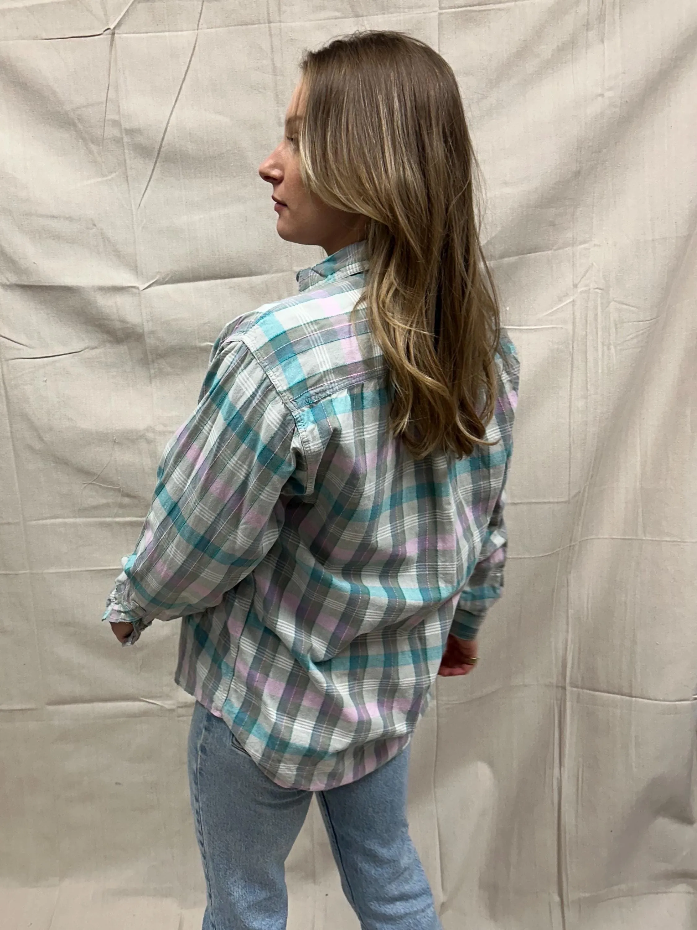 Vintage 80s Pastel Cotton Plaid Button Up | Size Large