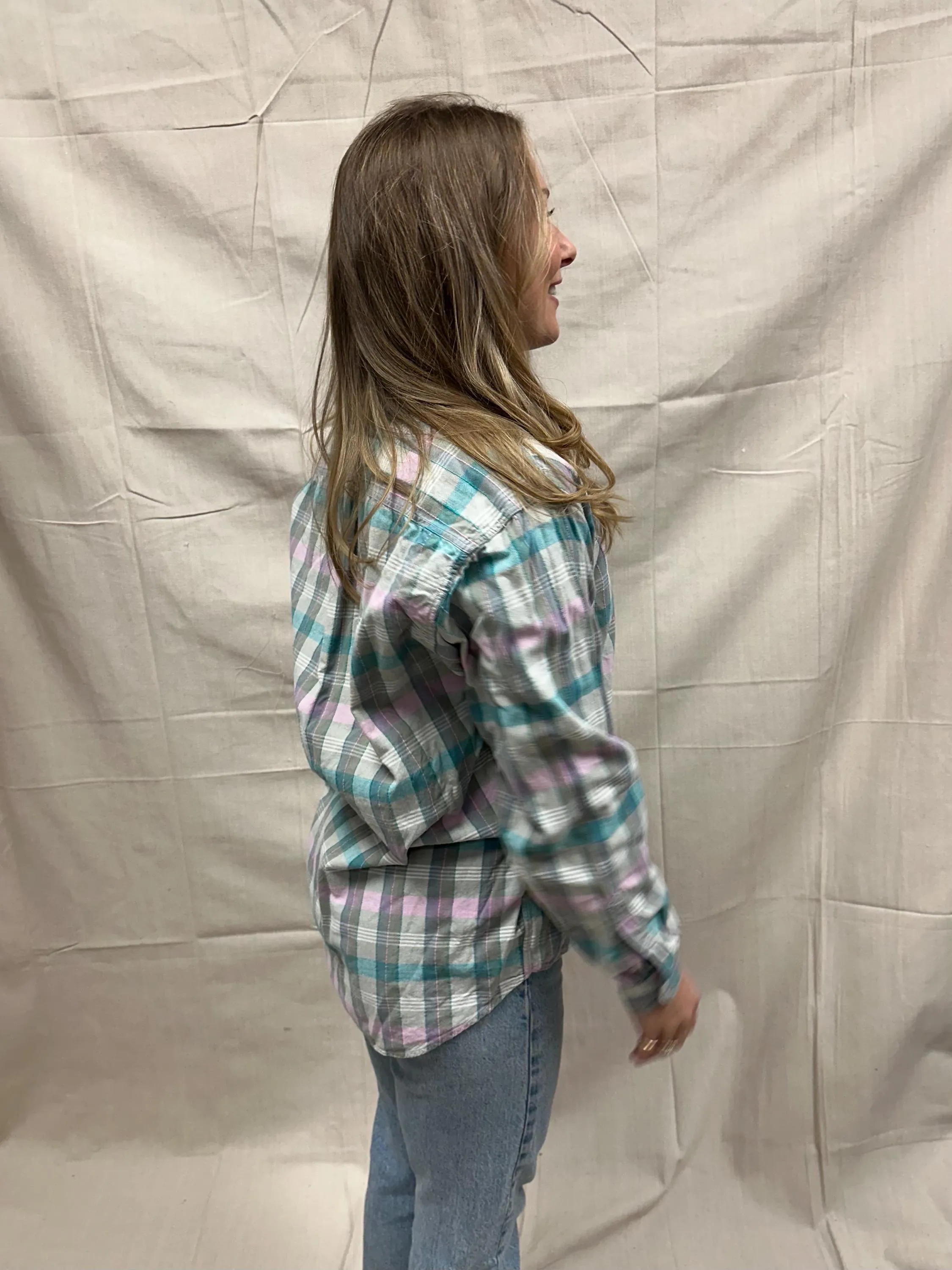 Vintage 80s Pastel Cotton Plaid Button Up | Size Large