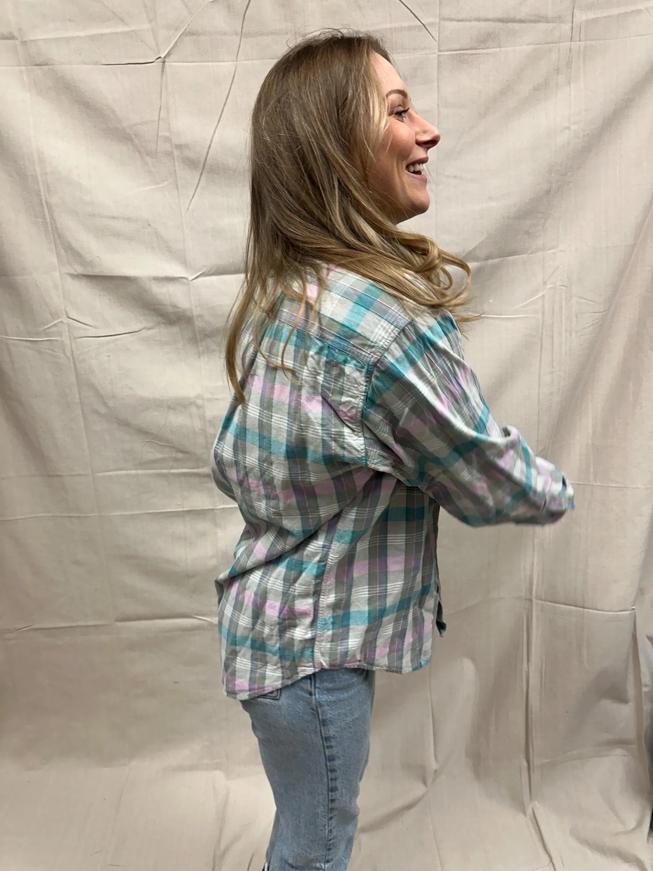 Vintage 80s Pastel Cotton Plaid Button Up | Size Large