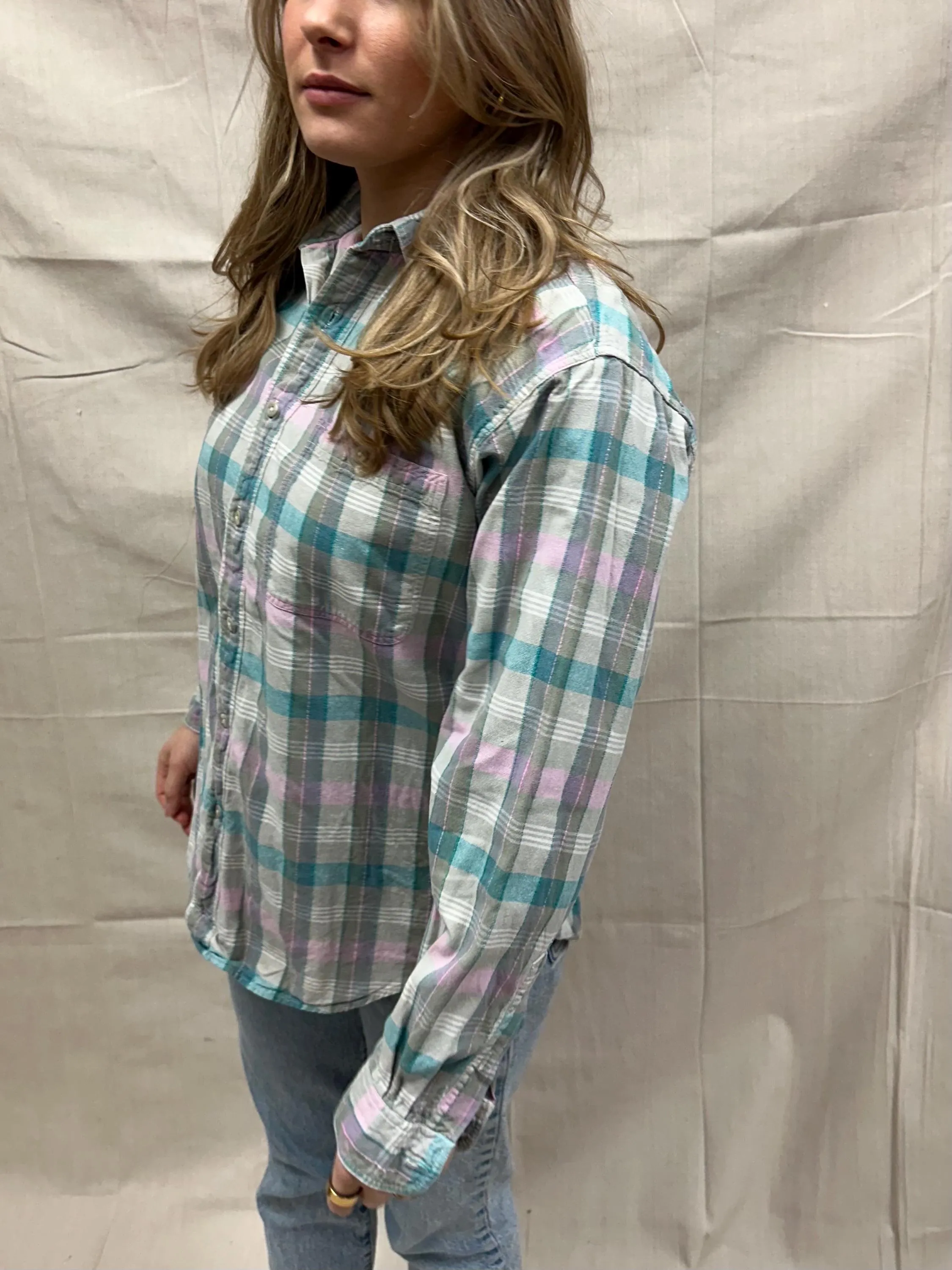 Vintage 80s Pastel Cotton Plaid Button Up | Size Large